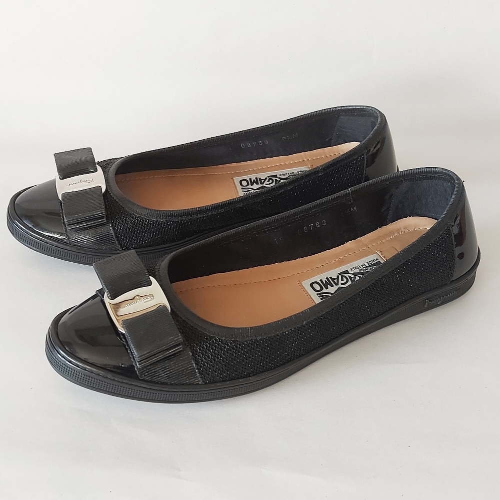 Salvatore Ferragamo Black Patent & Fabric Vara Bow Flats